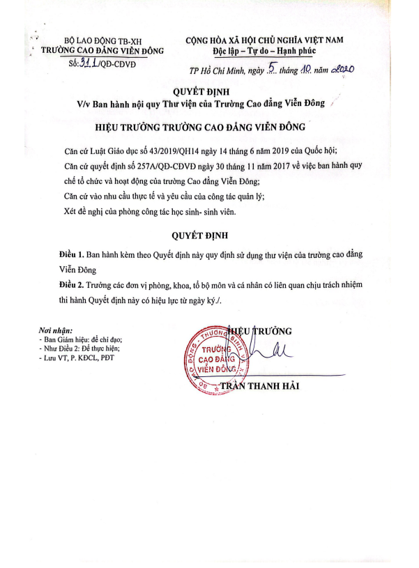 Nội quy thư viện trường Cao đẳng Viễn Đông