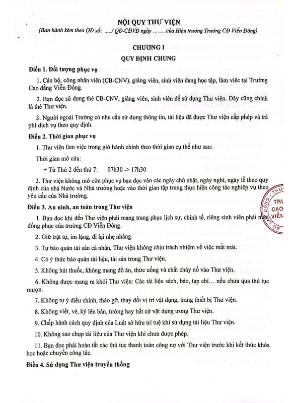 Nội quy thư viện trường Cao đẳng Viễn Đông